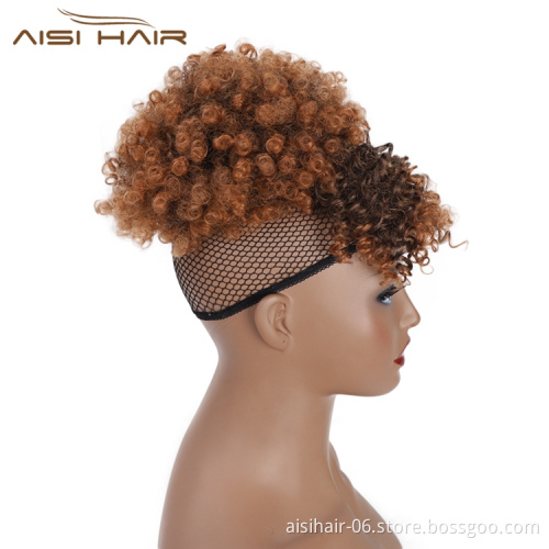Aisi Hair Best Selling High Temperature Fiber Chignon With Bangs Kinky Curly Bun Hairpieces Short Afro Puff Updo Hair Extensions